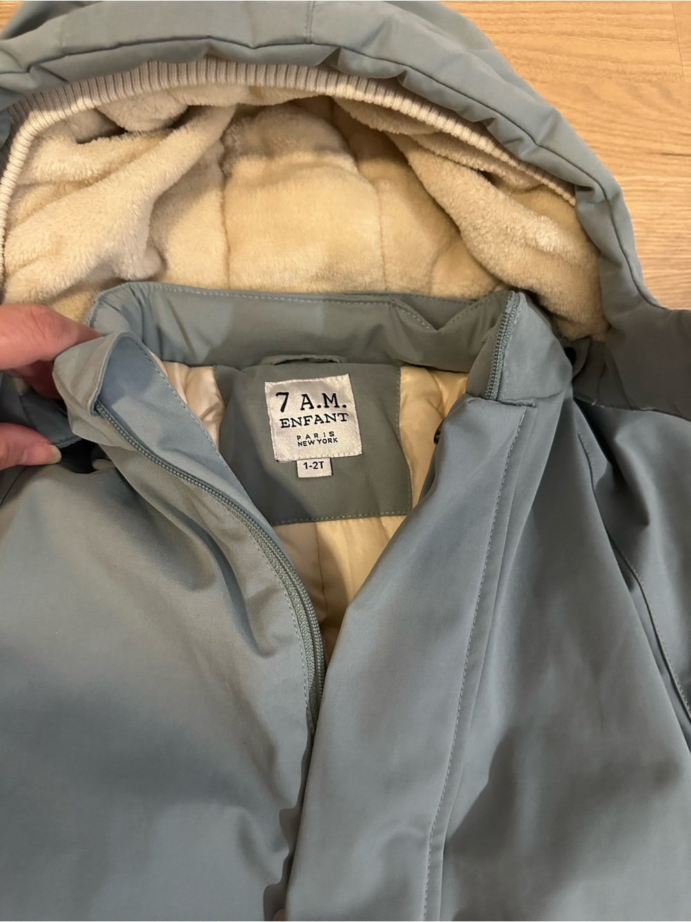 7 A.M. Enfant Kids 1-2T Powder Blue Puffer Snowsuit with Cream Fleece Hood NWOT